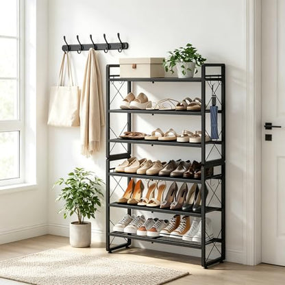 ELYKEN Shoe Rack, 6-Tier Expandable Shoe Organizer for Entryway, Metal Black Shoe Shelf with 8 Hooks, Ajustable Shoe Stand Holder for Closet, Garage, Door Entrance - size: 6-Tier