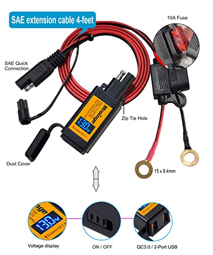 Motorcycle USB Charger, Mroinge 6.8A SAE to USB Adapter Dual Port QC3.0/2.0 Fast Charge, with Voltmeter/Ammeter & ON/Off Switch & 10A Fuse, Perfect for Your Phone or Smart Device Charging - size: 6.8A @ QC3.0