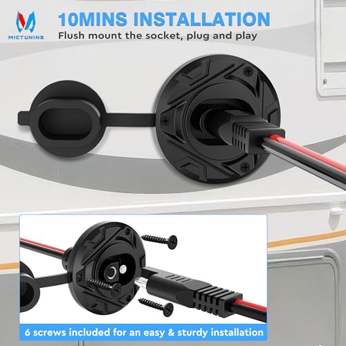MICTUNING 1FT 14 AWG SAE Socket Sidewall Port to Male Plug 12V-24V Power Cord Quick Connector Extension Cable Harness, Waterproof Dust Cap, for Automotive RV Motorcycle Solar Panel, 2pcs