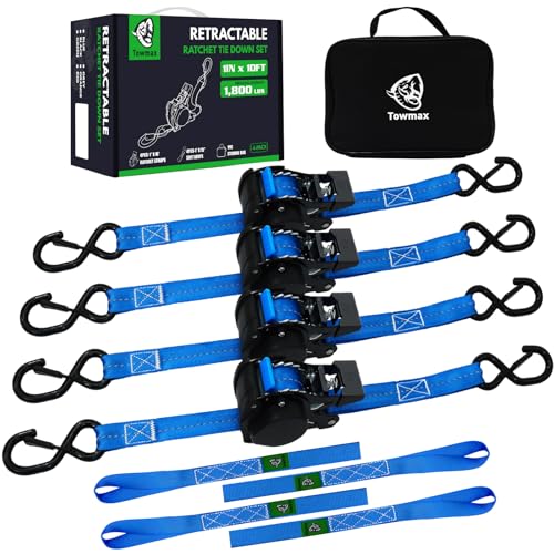 Retractable Ratchet Straps (Patented-4pack) - 1 inch x 10Feet (1,800lb Break Strength) Auto Self Retracting Tie Down Straps - Self Retractable Straps with Refletcive for Motorcyle, Truck or Cargo - color: Blue, size: 4-Pack