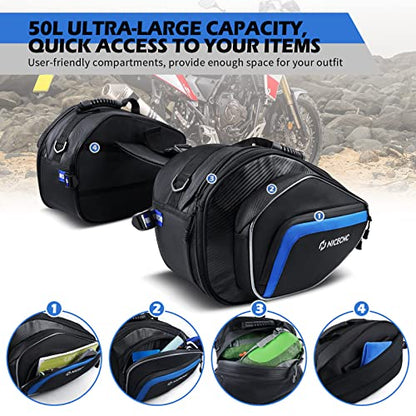NICECNC Motorcycle Saddlebags, 50L Saddle Bags Motorcycles Throw Over Side Bags Compatible with Harley Honda Suzuki Yamaha Adventure Street Glide Dual Sport, Blue - color: Blue