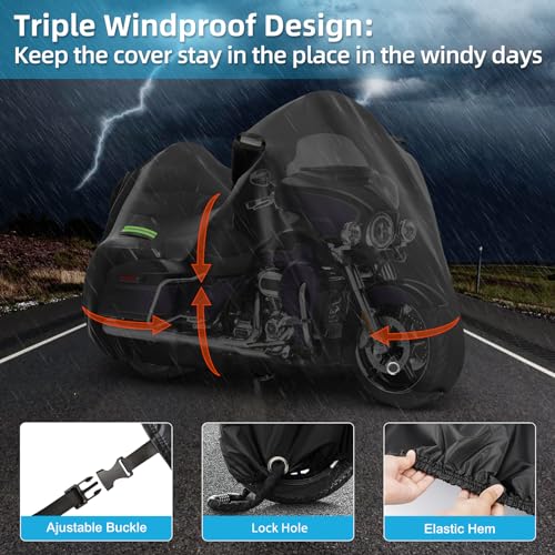 Motorcycle Cover for Touring Road Glide/Ultra Limited/Gold Wing Tour/Indian Pursuit, 210T Waterproof Sun UV Rain Outdoor Protection Motorbike Cover with Lock Hole & Soft Cotton Lining - size: Touring Limited