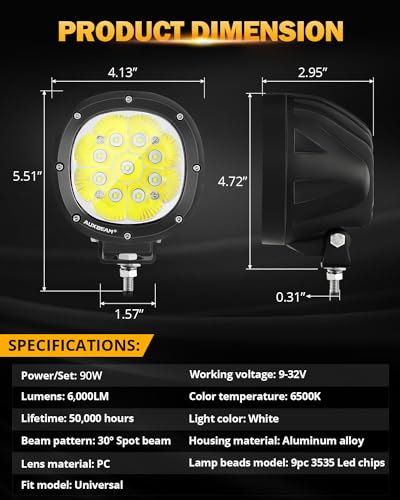 Auxbeam 4In 90W Round Led Offroad Lights, 2PCS 9000LM Led Light Pod Super Bright Round Driving Light with Wiring Harness Kit Spot White Beam for Truck Pickup SUV ATV UTV 4x4 Jeep Wrangler Motorcycle - color: White Spot Driving Lights