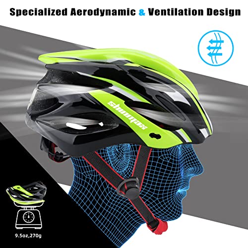 Bike Helmet Men Women, Shinmax Bicycle Helmet with Rear Light and Detachable Visor - color: Black/Green, size: Large (57-62 cm)