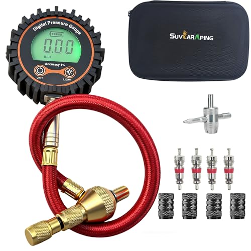 SUVCARMPING 250 PSI Digital Tire Pressure Gauge Accurate Air Pressure Gauge (±1% Accurate), for Tires with Easy-to-Read Numbers, Valve Cap and 4-Way Valve Tool, Red (MS-DG04C(CC)-01) - size: Red(Air Chuck)