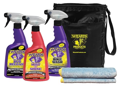 Wizards Motorcycle Cleaning Kit - Bike Wash Foam and Rinse, Quick Detailer Spray, and Bug Remover with Fiber Cloth and Detailing Bag - Portable Motorcycle Wash Kit with Accessories - color: Motorcycle Quick Kit (5 pc)