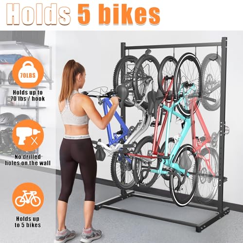 TORACK Garage Freestanding Hanging Bike Stand with Wheels, Heavy Duty Rolling 5 Bikes Vertical Bike Storage Stand Floor Bike Storage Rack(for 5 Bikes) - style: Bike stand for 5 bikes