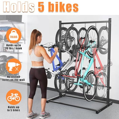 TORACK Garage Freestanding Hanging Bike Stand with Wheels, Heavy Duty Rolling 5 Bikes Vertical Bike Storage Stand Floor Bike Storage Rack(for 5 Bikes) - style: Bike stand for 5 bikes