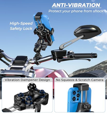 VAZESWIN Motorcycle Phone Mount [Vibration Dampener] [High-Speed Secure Lock] Anti-Shake Motorcycle Cellphone Holder, Bike Phone Mount with Short Arm for 0.5"-1.26" Handlebar, 4.7"-7.2" Smartphone