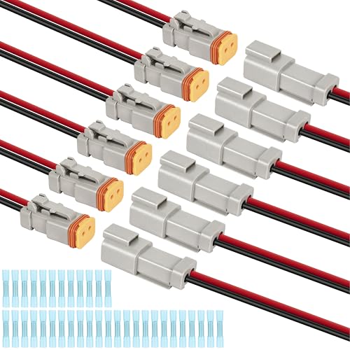 Deutsch DT 2 Pin Wiring Harness Connector 6 Kits, Deutsch Male Female 2 Wire Way Waterproof Automotive Electrical Connector 16 AWG with Heat Shrink Tubing for Car Truck Boat, grey - color: 6 Sets-Grey, size: 2Pin