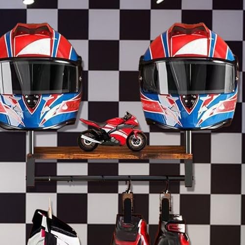 Hat Rack Wall Mount - Hat Holder Wall Hanger - Organizer with 4 Clips, Safety Hanger Display Stand, Wooden Storage Rack for Jacket, Gloves, Motorcycle Accessories