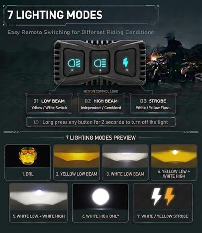 Motorcycle LED Auxiliary Lights, 7 Modes White/Amber Fog Driving Spotlights with Wiring Harness, ACC Control, High Beam Linkage, and 360° Mount Brackets for Motorcycle E-Bike ATV UTV Truck, 2Pcs - size: 2.2''x3.5‘’