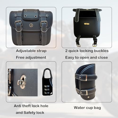 Universal Motorcycle Saddlebags with Lock & Water Bottle Bag | fit Softail, Scooter Powersports & Cruisers, Faux Leather Throw Over Saddle Bags for Commute or Long Trips 12.2"x5.12"x9.84" - size: Large with 2 Bottle Bags