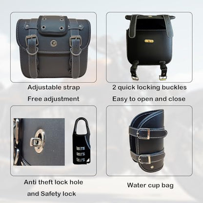 Universal Motorcycle Saddlebags with Lock & Water Bottle Bag | fit Softail, Scooter Powersports & Cruisers, Faux Leather Throw Over Saddle Bags for Commute or Long Trips 12.2"x5.12"x9.84" - size: Large with 2 Bottle Bags