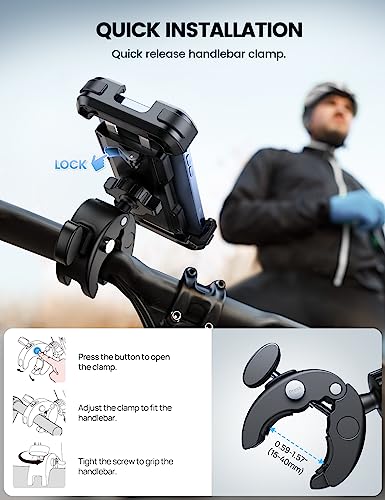 Lamicall Motorcycle Phone Mount, Bike Phone Holder - [Metal Lock] Upgrade Quick Install Bar Clip for Bicycle Scooter, Cell Phone Clamp Gifts for iPhone 17 16 15 Pro Max, Galaxy, 4.7-6.8" Phones - color: Black
