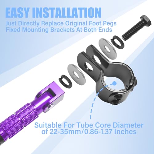 M8 Motorcycle Foot Pegs Folding Rearsets-90 Degree Foldable Footrest Fit 0.86-1.37in Brackets, Anti-Skid CNC Footpegs with Rubber Gasket for Pit Bike Dirt Bike Adventure Touring Bikes (Purple) - color: Purple