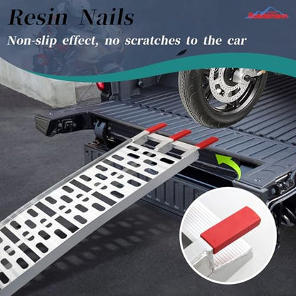 Ruedamann 7.5FT Aluminum Motorcycle Ramp, 750 lbs Capacity, Folding Truck Ramp for ATV, Motorcycle, Lawn Mower, Dirt Bike, Ribbed Plate Traction, Rubber-Tipped Fingers, Load Straps Included, 1 PC