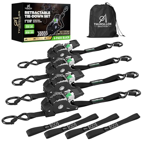 Retractable Ratchet Straps (4-Pack) - 1 Inch x 10 Feet (1,650lb Break Strength) - Auto Self Retracting Tie Down Straps for Truck, Cargo Trailer, Motorcycle, ATV, UTV - Black