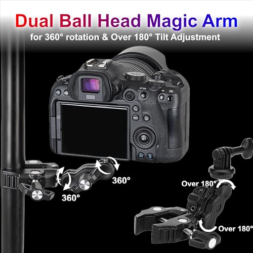 JJC Super Clamp Camera Mount, Dual Ballhead Aluminum Pole Mount w. 1/4“-20 & 3/8"-16 Thread Hole, Action Camera Mount and Phone Clip, for DJI Osmo Action GoPro, Crab Clamp for Desk Tripod Tube Rod - color: Black -Universal