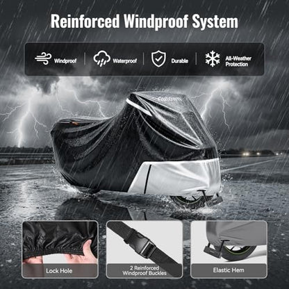 AUTOWN Motorcycle Cover Waterproof Outdoor, 420D Heavy Duty for Touring Bikes with Side Box & Top Case, Rear Zipper Access, Windproof Bike Cover Fits up to 108", Black & Gray - size: XXL: 108"