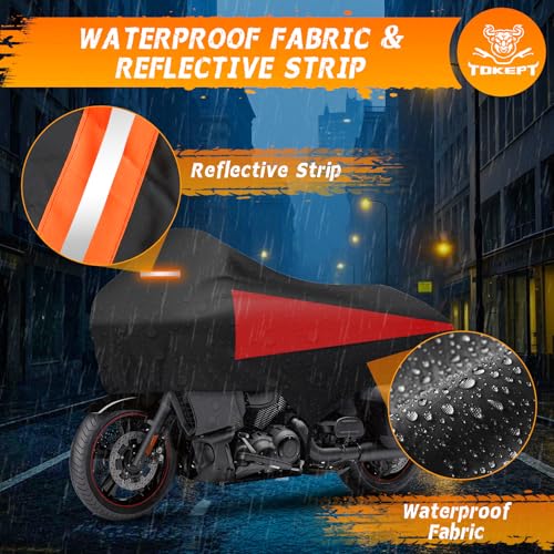 Motorcycle Half Cover with Elastic Hook and Reflective Strip Waterproof Dustproof Sunproof All-Day Protection Suitable for Touring Models Road King Street Glide Road Glide and More (Black&Red) - color: Black&Red