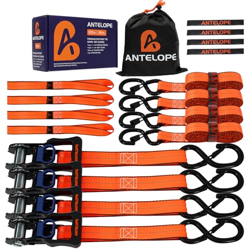 Ratchet Tie Down Straps Set, 2100 LBS Breaking Strength, 4 Pack 1" x 15' Heavy Duty Ratchet Straps, Cargo Strap, Motorcycle Straps for Trucks, Bicycle, Kayak, Moving, Tie Downs with S Hooks, Orange - color: Orange, size: 4PK-1 in