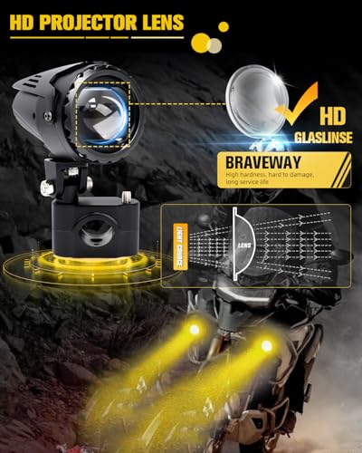 BraveWAY 60W 20000LM Motorcycle Fog Lights, LED Motorcycle Auxiliary Lights, 7 Modes Driving Light with White Amber Strobe Flash Mode, Plug and Play with Wiring Harness Kit and 2 Mounting Brackets - color: Moto-T5-1 LENS