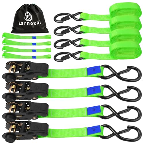 Ratchet Straps 4 Pack - 1,826 Lbs Break Strength 1 in x 15 Ft Medium Duty Ratchet Tie Down Straps with S Hooks Set for Truck, Cargo Van, Trailer, Motorcycle (Green) - color: Green, size: 1826 LBS