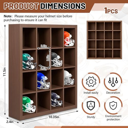 Colingmill 1 Pack Mini Helmet Display Case Pocket Size Football Helmets Wooden Stand Display Cabinet Wall Racks, 11.54"x10.35"x2.4", 4x4 Grid, Black, No Door No Cover(Walnut) - color: Walnut