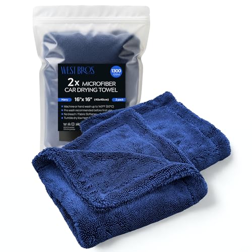 2X Medium Car Drying Towel, 1300 GSM Professional Car Towel with Double Twisted Loop,Super Absorbent Large Microfiber Drying Towels for Cars, Trucks, SUVs - 16"x16" 2-Pack, Navy - color: Navy