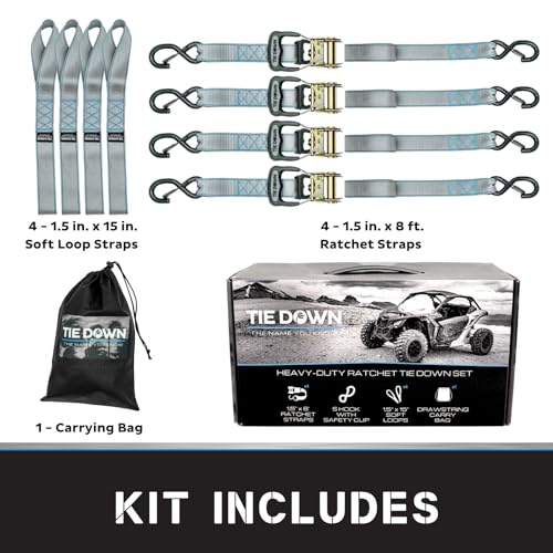 Tie Down 1.5 inch x 8 ft Grey Heavy Duty Ratchet Strap, 4-Pack Kit - 5208 lbs. Breaking Load Limit - color: Grey, size: 4-Pack