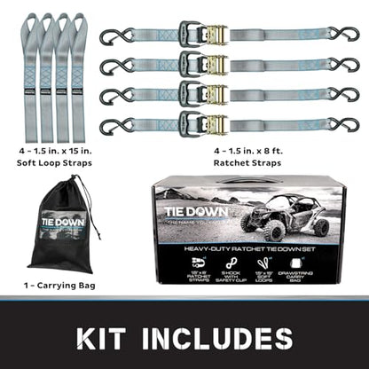 Tie Down 1.5 inch x 8 ft Grey Heavy Duty Ratchet Strap, 4-Pack Kit - 5208 lbs. Breaking Load Limit - color: Grey, size: 4-Pack