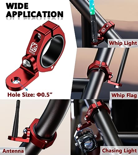 VAZESWIN 2 PCS UTV Whip Light Mounts, Sturdy Aluminium Alloy UTV Whip Flag Mounts, 360° Rotating Adjustable Off-Road Light Bar Mounting Brackets for 1.5" / 1.65" / 1.75" / 1.85" / 2" Roll Bars, Red