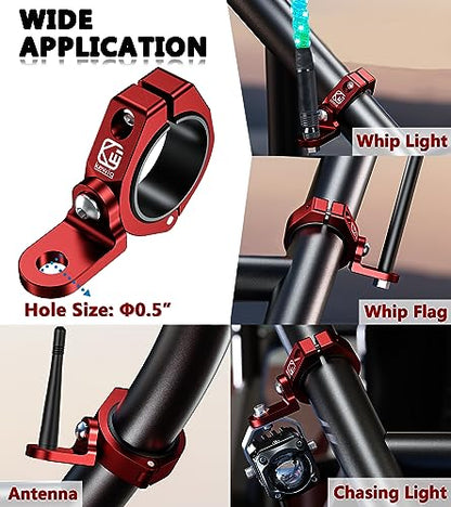VAZESWIN 2 PCS UTV Whip Light Mounts, Sturdy Aluminium Alloy UTV Whip Flag Mounts, 360° Rotating Adjustable Off-Road Light Bar Mounting Brackets for 1.5" / 1.65" / 1.75" / 1.85" / 2" Roll Bars, Red