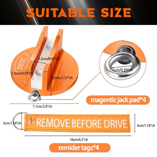 DEDC Universal Aluminum Grooved Magnetic Jack Pad 4 Pcs, Jack Pinch Weld Adapter, Frame Rail Protector with 4 Reminder Streamers, Tools for Mechanics, Garage Accessories for Men - size: Orange 4 Pcs with 4 Reminder Streamers