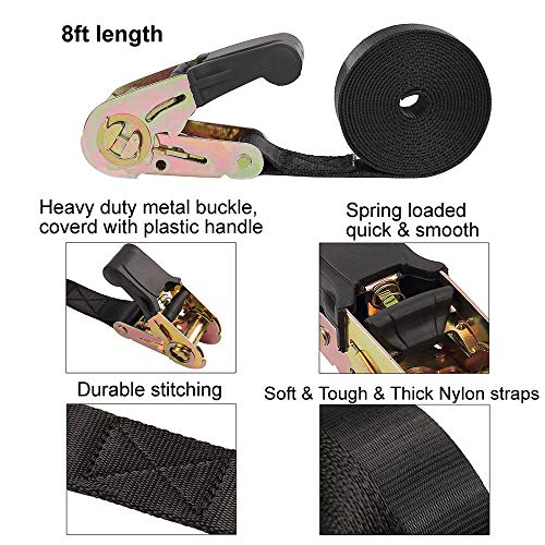 Endless Ratchet Tie Down Straps Heavy Duty Cargo Tie Downs, Sturdy Nylon Black Strap Down Ratcheting Securing Straps, Track Spring Fittings, Tie-Down Motorcycles, Trailer Loads, Kayak - size: 1"x8'-2pcs black