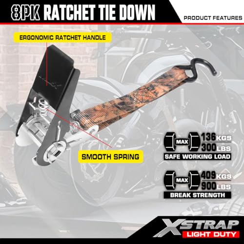 XSTRAP STANDARD 8-Pack Ratchet Tie Down Straps, 1" x 10ft, 900lb Break Strength Heavy Duty Straps for Motorcycles, ATVs, Lawn Equipment, Appliances & Truck Cargo - Camouflage - color: Camouflage