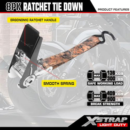 XSTRAP STANDARD 8-Pack Ratchet Tie Down Straps, 1" x 10ft, 900lb Break Strength Heavy Duty Straps for Motorcycles, ATVs, Lawn Equipment, Appliances & Truck Cargo - Camouflage - color: Camouflage