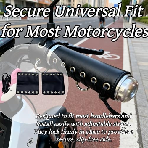 4 PCS Flat Leather Motorcycle Grip Covers Brown and Black Handlebar Protectors with Adjustable Straps Universal Anti-Slip Handle Gloves for Most Bikes
