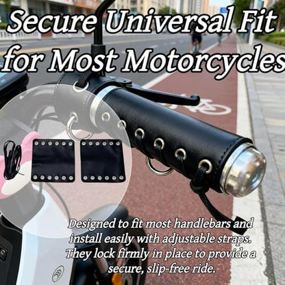 4 PCS Flat Leather Motorcycle Grip Covers Brown and Black Handlebar Protectors with Adjustable Straps Universal Anti-Slip Handle Gloves for Most Bikes