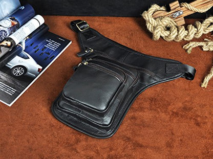 Le'aokuu Mens Genuine Leather Motorcycle Tactic Belt Waist Pack Drop Leg Cross Over Bag - color: X3111 Black