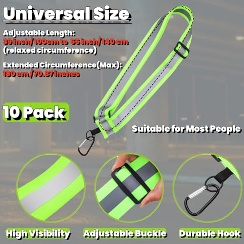 Tlence 10 Pack Reflective Sash for Walking, High Visibility Running Belt at Night, Adjustable Reflective Safety Straps with Clip, Elastic Reflectors Gear for Men Women Biking, Cycling, Dog Walking