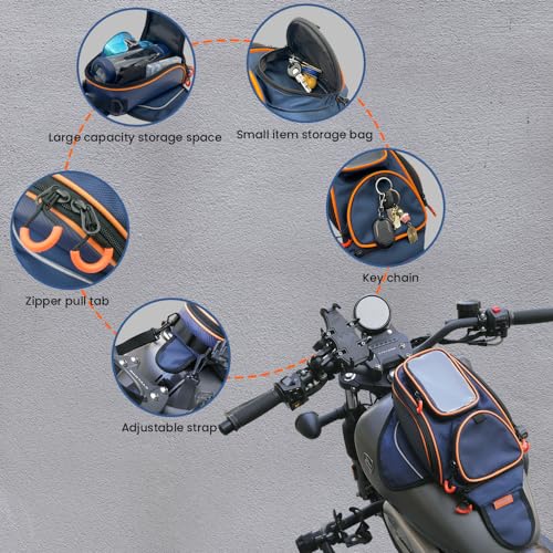 reygeak Motorcycle Tank Bag，Waterproof, with super magnetic thickened magnet blue orange 1680D PVC petrol tank bag, large window cell phone bag, suitable for Suzuki Kawasaki Honda Harley Yamaha. - color: Sapphire Blue