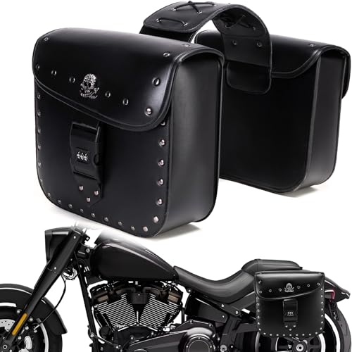 Motorcycle Saddlebags with Secure Lock, 30L Universal Powersports Side Saddle Bags, Waterproof Leather Saddlebag for Harley Sportster Dyna Softail Honda Shadow Rebel Yamaha Kawasaki Vulcan Cruiser - color: Black-Lock