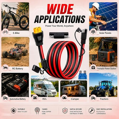 XT60 to SAE Connector, 10AWG XT60 Connector Extension Cable with Inline Fuse 15A/20A, Heavy Duty Pure Copper Female XT60H Adapter Power Cable for Solar Generator, Battery Terminals, Car Charging, RC - size: 10FT