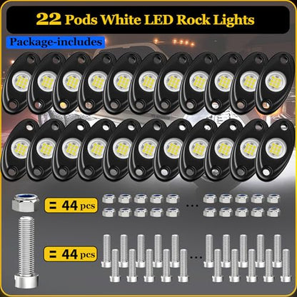 22 Pods White Rock Lights, Heefrole IP68 Waterproof Shakeproof Wide Angle Anti-Corrosion Pure White LED Rock Lights for Trucks Jeep UTV ATV SUV Boat Underglow Lighting Kit - size: 22 Pods