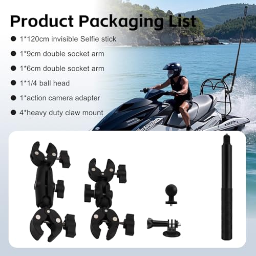 Motorcycle Camera Mount Kit Compatible for Insta360 X5-X Double Clamp with 47”Invisible Selfie Stick Bike Handlebar Holder Compatible with DJI Osmo Nano 360 Action Camera Cycling Video Boat Utv