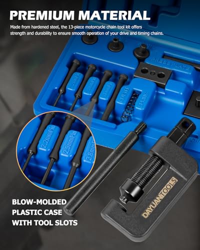 DAYUAN Motorcycle Chain Breaker Set, Chain Cutter and Riveter Kit Blue Case | 13Pcs Chain Removal Tool, 35-630 Chains Bikes Motorcycles ATVs，2.2/2.9/3.8mm Pins，Long Handle High Torque, Grind Rivet First - color: Blue