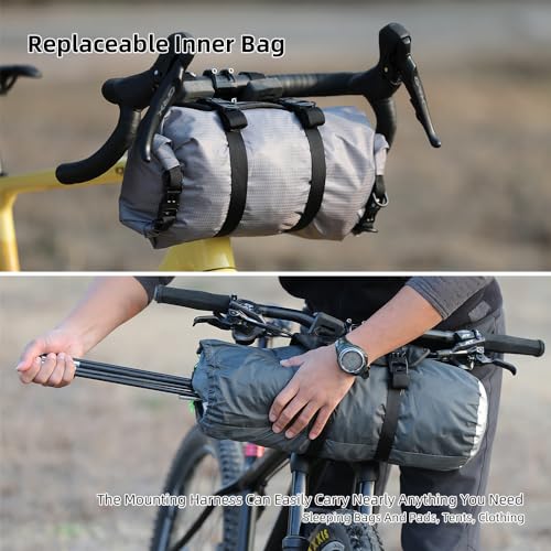 Rhinowalk Bike Handlebar Bag Bicycle Front Tube Bag Lightweight Waterproof Roll Bag 12L with Shoulder Strap for Mountain Road Bike Cycling Accessories(Black)