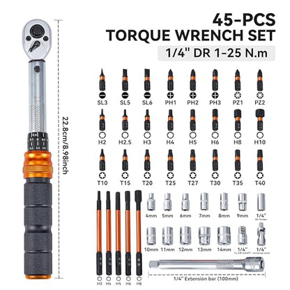 45-Pc Bike Torque Wrench Set, 1/4-Inch Dr. Click Torque Wrench and Bit Kit, 1-25 Nm Micro Adjustment, 72-Tooth Ratchet Head, Compact Carrying Case - size: 45-Piece